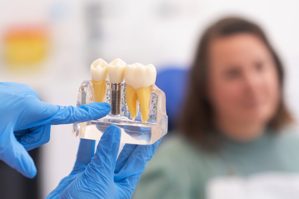 closeup of a dentist showing a female patient an implant model